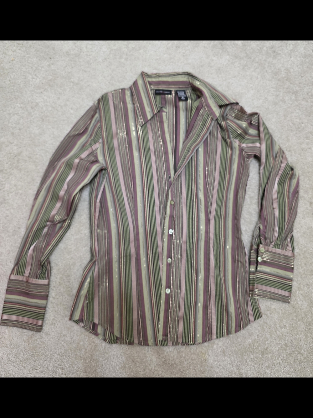 New York & Company Striped Button-Down Shirt in Olive Green & Mauve